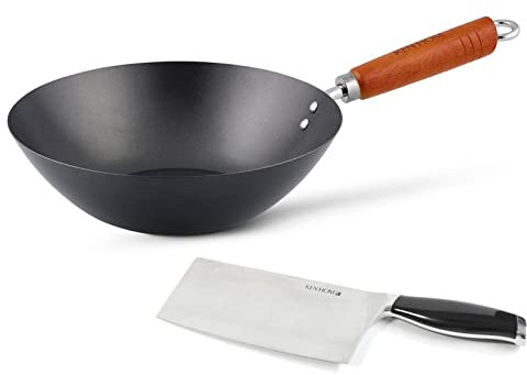 Ken Hom Wok 27 cm mit Holzgriff - Karbonstahl Wokpfanne für Gas, Elektro & Glaskeramik nicht induktionsgeeignet - Antihaft Stielwok inkl. Hackmesser 18 cm
