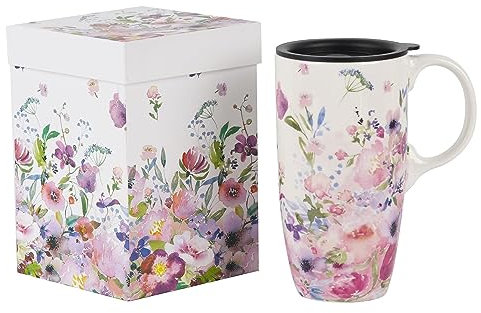 Topadorn Taza de café de cerámica, taza de viaje de porcelana con tapa a prueba de derrames y caja de color, taza de 17 onzas, blanco y rosa