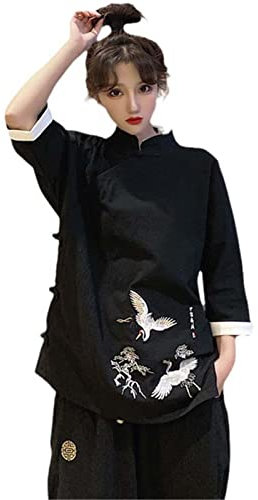 JXQXHCFS Traditionelle chinesische Kleidung Frauen Hemd Tang Anzug Tai Uniform Hanfu Strickjacke Cheongsam Top Kung Fu Kleidung Black top L