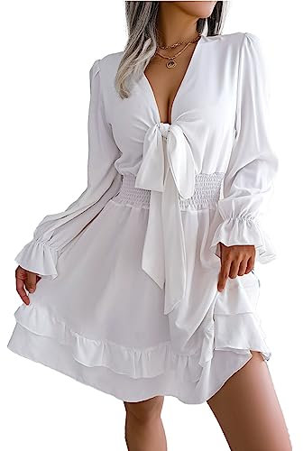 Mujeres 2023 Primavera Verano Sexy Deep V-Neck Vestidos Chiffon Manga Larga Blanco Ruffle Layer Túnica Dress Swing Dresses,Blanco,M