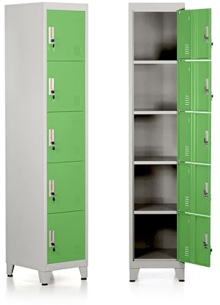 Brigros - Armadietto Metallico Multiuso, Armadio Spogliatoio Salvaspazio Con Serratura, Armadietto Vari Ripiani Con Ante In Metallo Per Ufficio O Spogliatoio (Verde, 5 Ante)