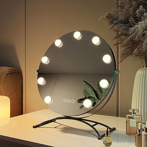 EMKE Hollywood Spiegel rund 40cm, Schwarz, 3 Lichtfarben | Schminkspiegel mit Beleuchtung, 360 Grad drehbar, 9 LED Lampen, dimmbar, Speicherfunktion, Kosmetikspiegel für Schminktisch