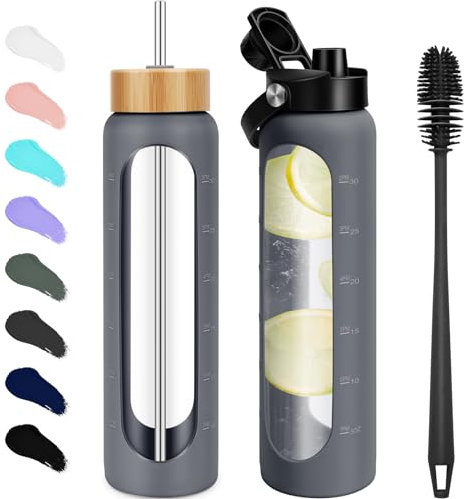 FULBEVY 32 oz Glass Water Bottles - 1 Liter Motivational Tumbler Water Bottle Time Marker - Borosilicate Glass Water Bottle With Silicone Sleeve and 2 Lids, Handle Spout & Bamboo Straw Lid