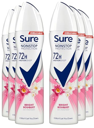 Sure Antiperspirant 72H Nonstop Sweat and Odour Protection Alcohol-Free Body Spray Anti-White Marks with Fresh and Clean Multi Fragrance Deodorant for Women, 150ml Pack of 6 (Bright Bouquet)