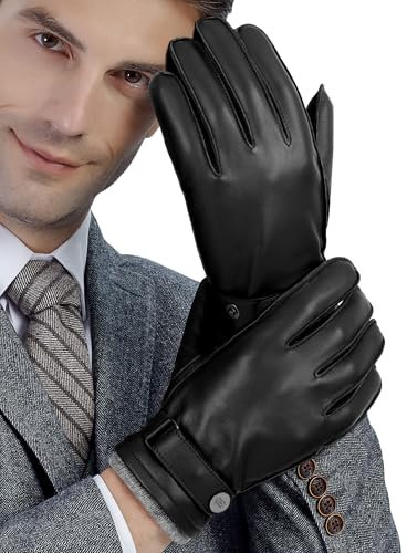GSG Mens Winter Gloves Nappa Sheepskin Leather Driving Gloves with Warm Wool Cold Weather Touchscreen Dress Glove Black,L