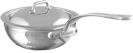 Mauviel M'Elite 5-Ply Hammered Polished Stainless Steel Curved Splayed Saute Pan With Curved Lid, Cast Stainless Steel Handle, 3.4-Qt, Made in France