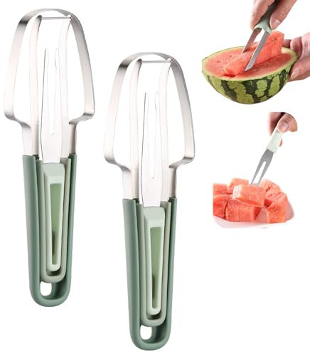 2 Stück Wassermelonenschneider aus Edelstahl, 3-in-1-Wassermelonenschneider, Wassermelonenschneider, Wassermelonenschneider, Schneidewerkzeug, Ananasschneider-Werkzeugset für Partys (1)