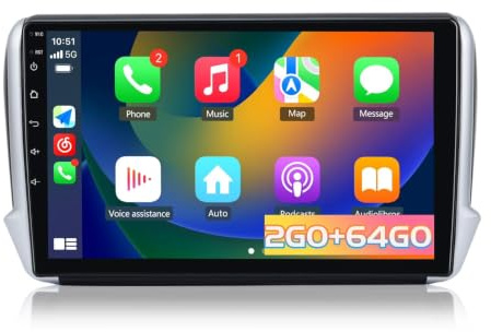 Hexinex Autoradio Carplay pour Peugeot 208/2008 (2012-2018), Écran 10,1 Pouces 2Go+64Go, CarPlay & Android Auto,GPS WiFi Bluetooth FM, Commandes au Volant, Aide au Parking