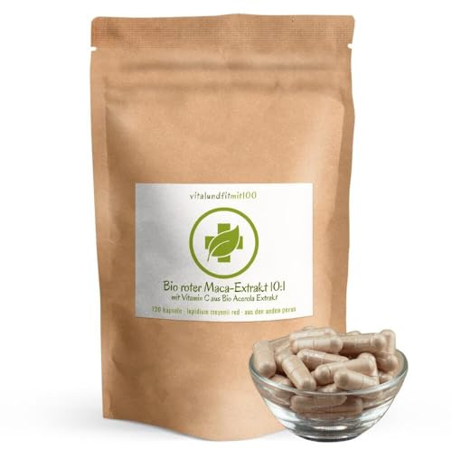 vitalundfitmit100 Bio Roter Maca Extrakt 10:1, 120 Kapseln à 500 mg, mit Acerola