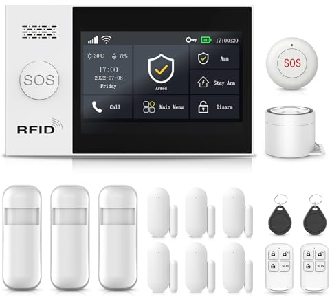 XNH Écran Tactile 4,3 Alarme Maison sans Fil, 4G/WiFi Système d'Alarme, 21 Pack: 120DB Sirène, 6 Capteurs de Fenêtre et de Porte, 3 Détecteur de Mouvement, Compatible avec Alexa, Google Assistant