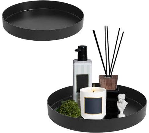 NCOALE 2 Stück Deko Tablett Rund, Groß Serviertablett Schwarz 20 cm und 25 cm Rundes Tablett Metall Anti Rutsch Dekoteller für Kosmetik Dessert Kerzen