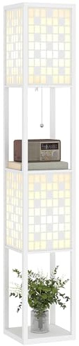 HOMCOM Stehlampe, Stehleuchte mit 2 Fächern, E27 Sockel, Gittermustersäule Standlampe mit Fußschalter und Zugkette, für Wohnzimmer, Weiß, exkl. Glühbirne