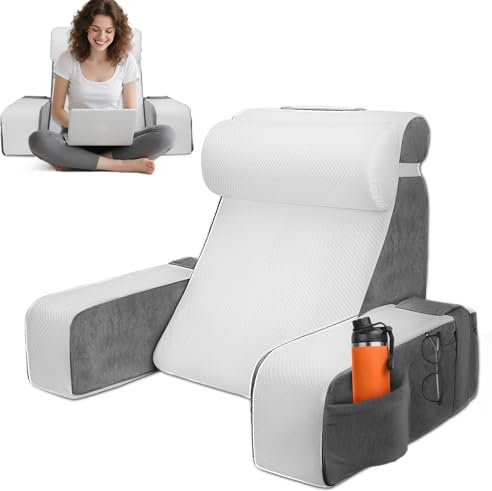 Strixorn - Cojín de lectura para cama, cojín de espalda con almohada cerevical y apoyabrazos extraíbles y bolsillos, suave y cómodo, cojín de espalda para adultos para descansar en la cama, lectura