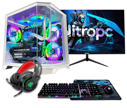 NitroPC - Pack Avanzado | PC Gaming Completo (Intel Core i5 14400F 4/8 4.7 GHz RTX 3050 8GB, RAM 16GB, M.2 1TB, Windows 11 Pro, RGB | WiFi,Monitor 24 Teclado ratón Auriculares) PC sobremesa (Blanco)