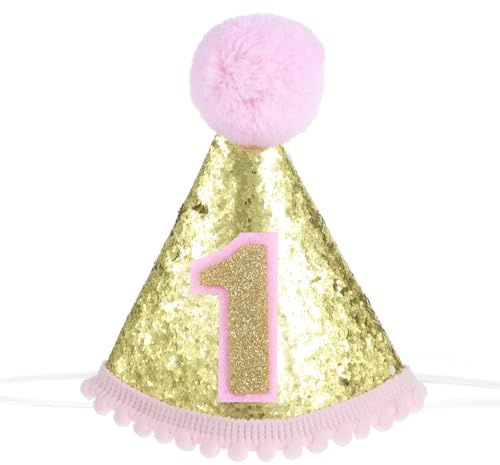 Bremorou Hut zum 1. Geburtstag, Kegelhut für den ersten Geburtstag, Partyhüte, Geburtstage, Glitzerkegelhüte (Rosa)