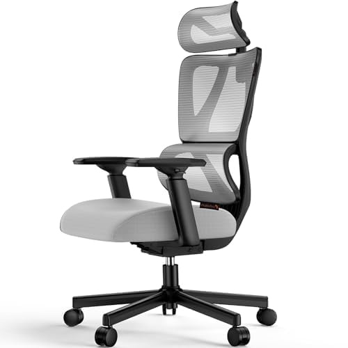 ProtoArc EC100 Ergonomisk kontorsstol – datorskrivbordsstol för arbete med 10 cm tjockare fjäderkudde, ländryggsstöd, justerbart armstöd och nackstöd, svängbar nätstol för hemmakontor, grå