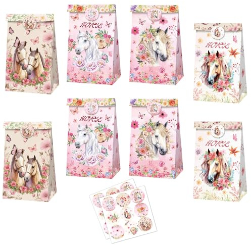 MORAINJAY 12 Stück Pferde Papiertüten mit 18 Aufklebern, 22x12x8cm Geschenktüten für Kindergeburtstag Pferde Thema Party, Mitgebsel, Gastgeschenke Candy Tüten
