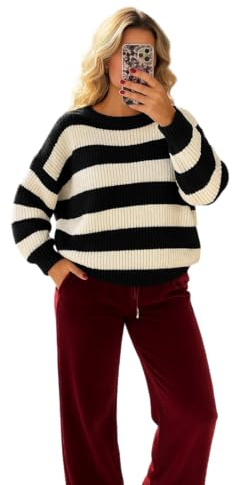 Pretty Attitude Oversized New Ladies Womens Chunky Knit Striped Baggy Jumper Knitted Sweater Thick Top Size 8-18 (UK, Numeric, 16, 18, Regular, Regular, Black & White)