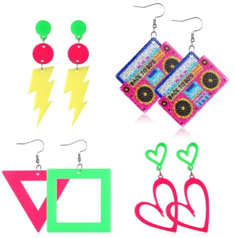 Jeffdad 4 Paare 80er 90er Jahre Neon Ohrringe Damen Retro Blitz Ohrringe | Kassettenband Herzförmige Neon Accessoires Acryl Earring Damen Hängeohrringe für Mottoparty Kostüm Party Zubehör