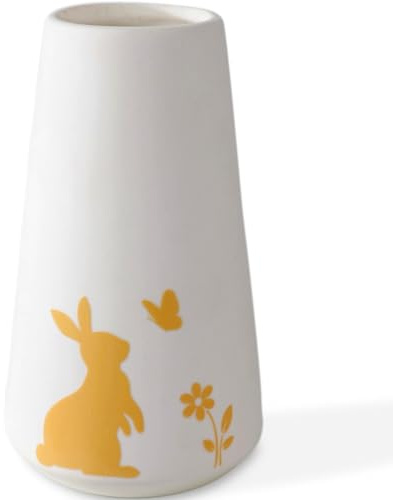 Vase Blumenvase Tischvase Deko-Vase Ostervase aus Keramik, Weiß mit Design süßer Hase Blume Schmetterling, Home Deko, Tisch Dekoration, Geschenk Ostern Frühling, für Familien Freunde Kollegen