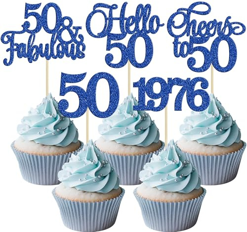 Gyufise 30Pcs 50th Birthday Cupcake Toppers 50 Fabulous Cupcake Picks Cheers to 50 1976 Cake Decorations for Happy 50th Birthday Wedding Anniversary Party Decoration Supplies Blue