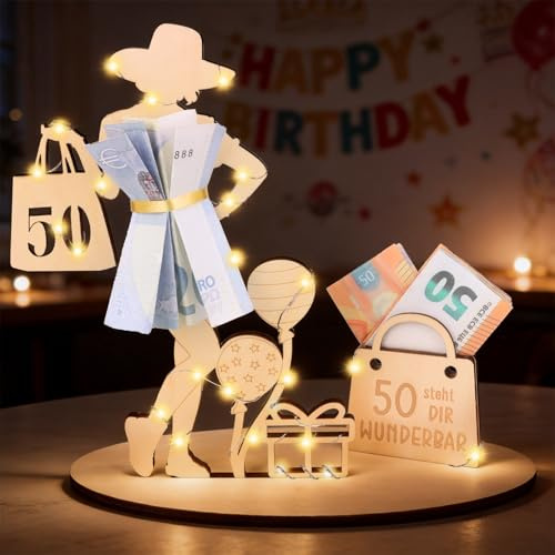 Anruzon Geldgeschenke Geburtstag 50 Geburtstag Frau, mit LED Lichterkette Ständer, Holz-Schild Gästebuch, 50.Geburtstag Frau Deko, Personalisierbares Geschenk, Hochzeit Tischdeko Jubiläum