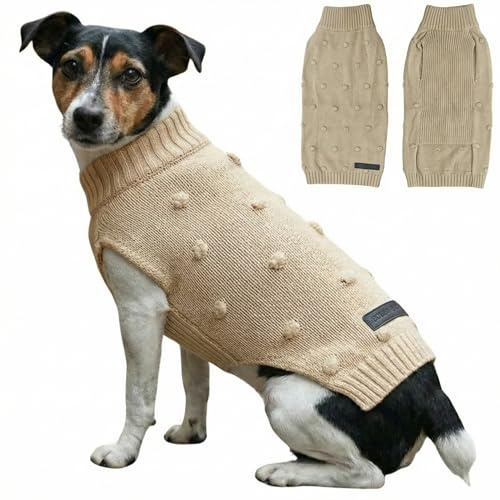 Bobby & Poppy Strick Hundepullover, Warmer Winterpullover für kleine, mittlere & große Hunde, ultrasofter Hundepulli Punktmuster Dackel Französische Bulldogge Bulldog - Beige S DOTS Dog_BEIGE_S