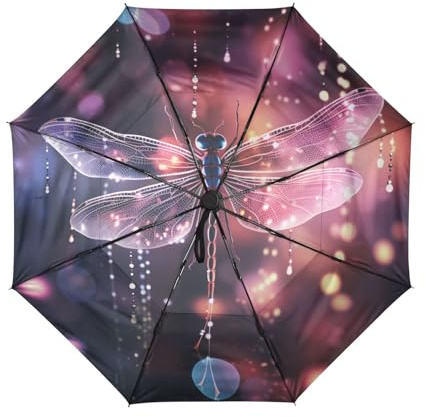 Linnyio LibéLula Rosa Luz De Lujo Paraguas de Viaje Resistente al Viento Apertura Cierre AutomáTicos,Compacto con ProteccióN Solar UPF 50+ Ideal para JóVenes Chicas