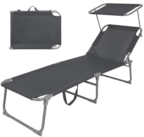 Montafox Sonnenliege klappbar 195 x 60 x 34 cm tragbarer Liegestuhl bis 150 kg mit Sonnendach Verstellbarer Rückenlehne für Garten Pool Terrasse Strand, Farbe:grau