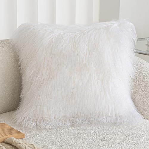 ROSE FEATHER Real 100% Tibetan Mongolian Lamb Sheepskin Wool Fur Throw Pillow Covers White 24x24 Inch, Super Soft Plush Leather Accent Pillowcase Decorative Cushion Cover for Living Room Bedroom