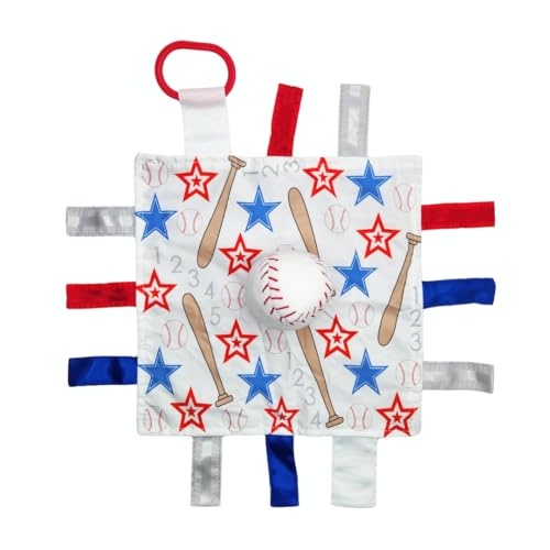 Baby Jack & Co. Sensory, Educational & Closed Ribbon Tag Lovey Blanket with Security Plush: 10X10 (Baseball)
