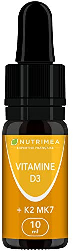 VITAMINE D3 - Avec K2 MK7 - Vitamines d'Origine Végétale & Huile d’Olive BIO - Renforce l'Immunité, Santé des Dents, Os, Muscles - Nutrimea - Flacon Compte-Gouttes - Fabriqué en France