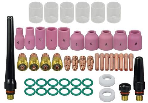 RIVERWELD Tig Stubby Gas Linse und Zangenkörper 17Gl020 17cb20 Glass Cup # 10 16 mm Set passende Größe WP 17 18 26 Tig Schweißbrenner 49 Stück | Aluminiumoxiddüse, Keramikbecher, Glasbecher, klare Quarzdüse, #10, 16,0 mm, Kit für SR WP 17, 18, 26 WIG-Schweißbrenner