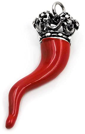 Ciondolo Corno Portafortuna con Corona in Argento 800 Smaltato Rosso Argento