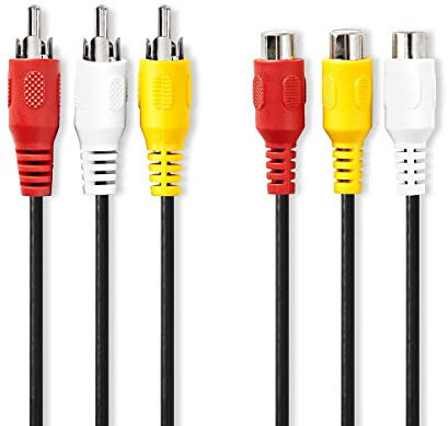 NEDIS Composite-Videokabel | 3X Cinch-Stecker | 3X Cinch Buchse | Vernickelt | 480p | rund | PVC | Schwarz | Plastikbeutel 2.00 m 2.00 m
