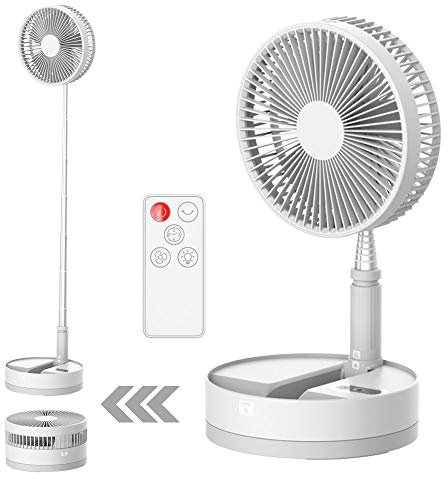Vikbar fläkt vikbar svängande med fjärrkontroll, 10 800 mAh uppladdningsbar batteridriven bärbar stående fläkt för camping, 4 hastigheter, timer, höjdjustering för resor, utomhus, hem (vit)