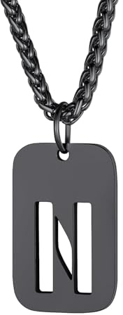 Richsteel Halskette Herren Kette Männer mit Buchstaben A-Z Schwarz Anhänger | Kette Buchstaben 55+5cm Anhänger für Herren Dogtag Namenskette Partnerkette mit Geschenkebox Personalisierbar Gravuren