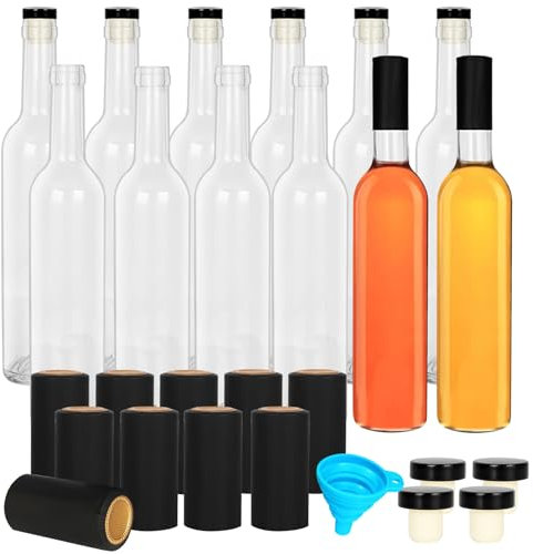 DHSBTLS 12 Stück 500 ml transparente Glasflaschen mit Korkdeckel und Verschlusskappen, Schrumpfkapseln, Heimbrauen, Wein- und Entsaftflaschen für Bordeaux-Wein, Getränke, Sekt, Kefir, Dekor