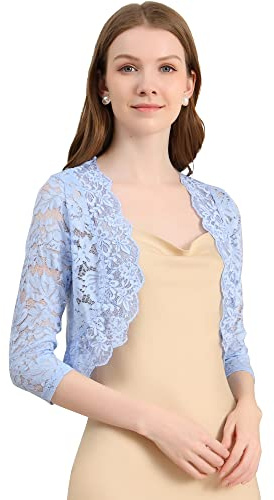 Allegra K Women's Elegant 3/4 Sleeve Sheer Floral Lace Shrug Top Light Blue