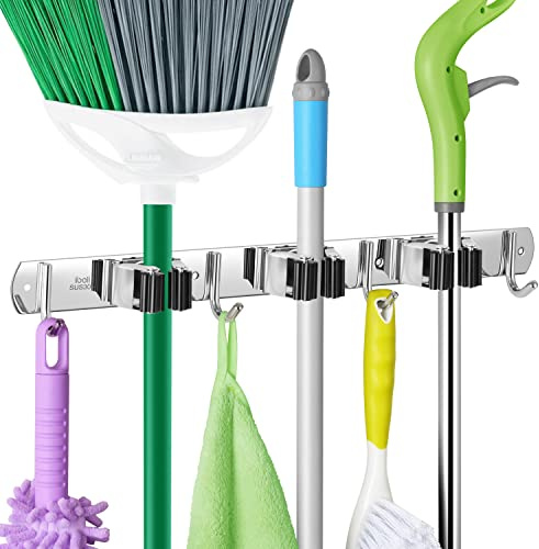 ibell Accroche Balai Mural, Porte Balai Mural en Acier Inoxydable, Auto Adhésif Support Cintre de Rangement avec 3 Emplacements et 4 Crochets pour Cuisine Jardin Garage (Vis et Ruban Adhésif inclus)