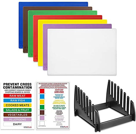 Hygiplas Colour Coded Low Density Chopping Board Set with Rack & Wall Chart 7 Piece, CH041