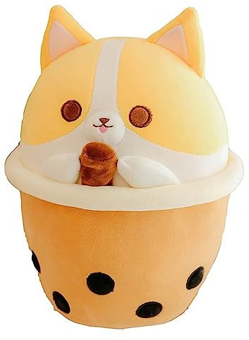 Plüschtier Corgi Hunde, 50cm Kawaii Plüschkissen mit Bubble Tea Kuscheltier Gefüllt Plüsch Katze Schwein Umarmungkissen Tier Shiba Inu Plüschtier Stofftier Spielzeug für Kinder Geschenke