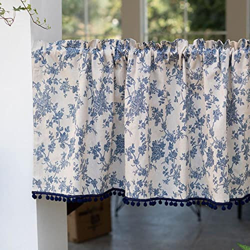 MANQILE Vorhang 140 x 180 Fenstervorhang Blau Küche Café Rohrvorhang Wohnzimmer Baumwolle Leinen Kurzer Vorhang Dekorative Gardinen