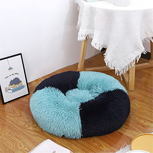 Lukery Hundebett Katzenbett Flauschig Rund aus Plüsch, Kuscheliges Donut Hundekissen und Katzenkissen Weiches Plüsch Hundeliege für Kleine, Mittelgroße und Große Haustiere (50CM,Blau + Schwarz)
