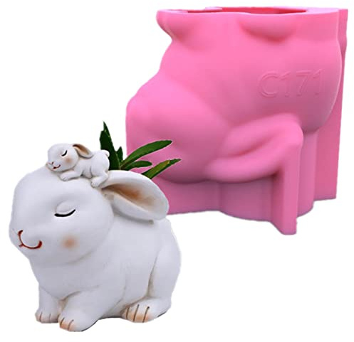 Cute Child and Mother Jade Rabbit Succulent Flower Pot Pen Holder Silicone Mold Concrete Plaster Planter Cactus Vase Mold Cement Clay Epoxy Resin Mould