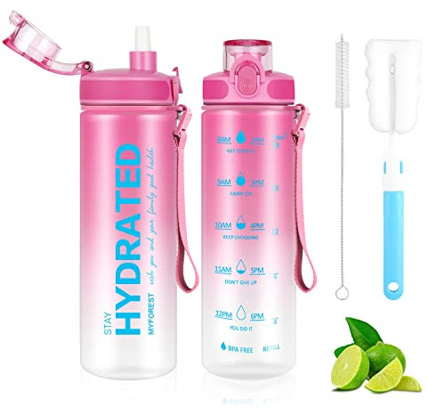 MYFOREST 700ml Tritan™ Trinkflasche, großer Auslauf für großer Schluck/abnehmbarer für klein Trinken, Kratzfester Zeitmarker für motivierende Flüssigkeitszufuhr, sturzfest/BPA-frei Wasserflasche