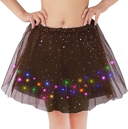 Kefiyis Tyllkjol dam LED tutu vuxen tonåring fest balett dans fantasi klänning halloween kostym, Brun (med foder), One Size