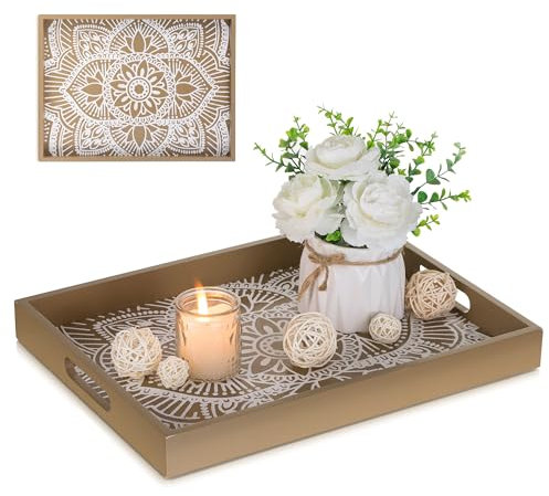 Hanobe Vassoio da portata decorativo in legno: vassoio da caffè con manici, decorazione bohémien, per centrotavola, vassoio rettangolare rustico ottomano marrone per piano di lavoro del soggiorno
