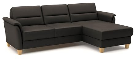 CAVADORE Leder-Eckcouch Palera mit Longchair / Landhaus-Sofa mit Federkern + massiven Holzfüßen / 244 x 89 x 163 / Leder Dunkelbraun