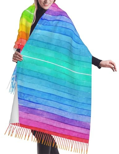 Explosion Firework Strickschal mit Fransen, warmer Schal, Damenschal, stilvolles und gemütliches Accessoire für modische Frauen, Regenbogenfarben gestreift, One size